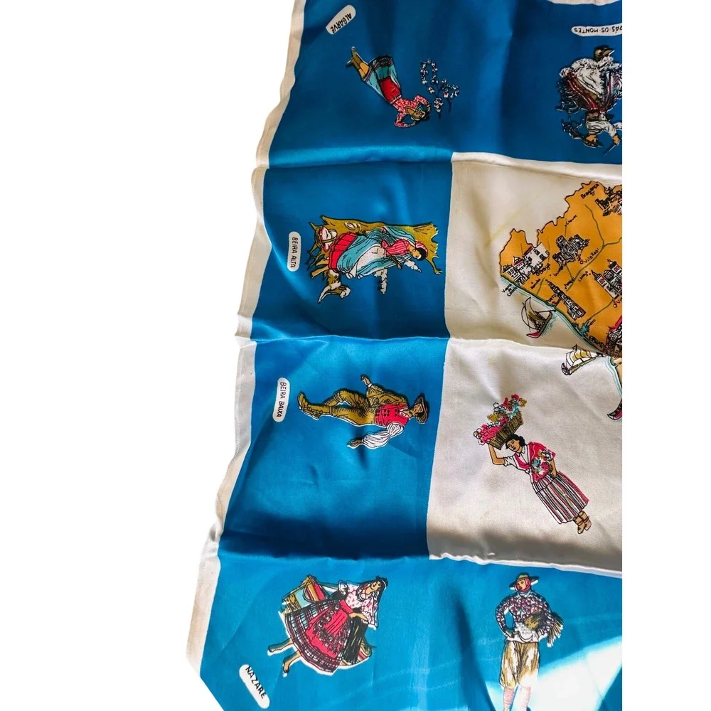 Blue & Cream Printed Silk Scarf with Cultural Motif